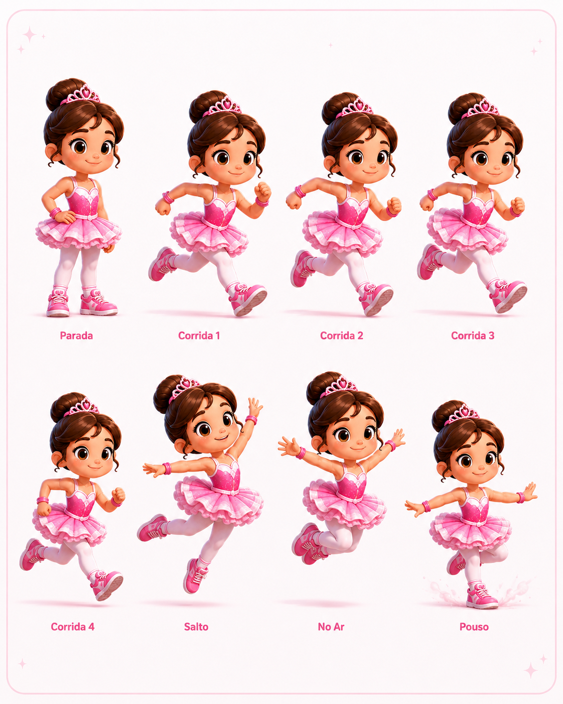 Poses da Jubinha para corrida, salto, no ar e pouso